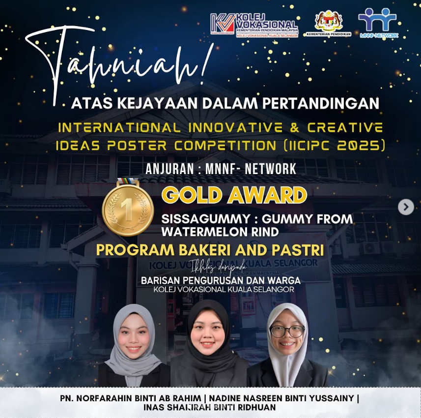 Projek: MangoSwiss Cookies:
Mango Skin Swiss Cookies
Ahli Kumpulan: 
Nureen Hannah Binti Aris Anuar, Pn. Sutra Azureen binti saharudin, Hanisa binti Abdul Halim, Nifail Afif Shah bin Sharul Ezwan

Projek ini menerapkan prinsip zero waste  baking dengan menghasilkan biskut swiss berperisa manga mengunakan kulit mangga sebagai bahan utama.